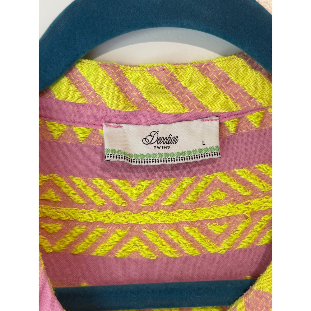 Devotion Twins Ella Pink Neon Yellow Geometric Jacquard Tiered Mini Dress Large - Picture 3 of 4